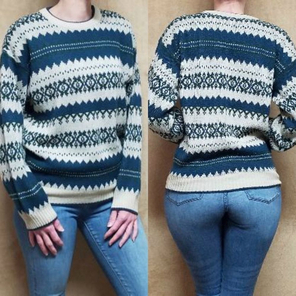 𝅺VINTAGE 80s GFC Blue Cream Fair Isle Crew Sweater